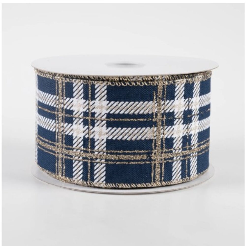 Christmas Plaid Ribbon 2.5" Navy White Champagne Glitter NEW